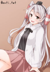Rule 34 | 10s, 1girl, amatsukaze (kancolle), anti (untea9), blush, casual, commentary request, hair tubes, hat, highres, jacket, kantai collection, long hair, looking at viewer, open mouth, silver hair, sitting, skirt, smile, solo, twitter username, two side up