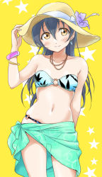 Rule 34 | 1girl, arm up, bandeau, bikini, blue hair, blush, bracelet, closed mouth, collarbone, commentary request, cowboy shot, earrings, hair between eyes, hand on headwear, hat, holding, holding clothes, holding hat, jewelry, long hair, looking at viewer, love live!, love live! school idol festival, love live! school idol project, necklace, o-ring, o-ring bikini, o-ring bottom, o-ring top, sarong, simple background, skindentation, smile, solo, sonoda umi, standing, star (symbol), sun hat, swimsuit, tetopetesone, yellow background, yellow eyes