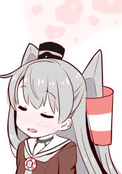 Rule 34 | 1girl, amatsukaze (kancolle), brown dress, commentary request, dress, closed eyes, fang, hair tubes, hat, heart, kamo nabe, kantai collection, long hair, mini hat, one-hour drawing challenge, sailor dress, silver hair, skin fang, smoke, smoke heart, smokestack hair ornament, solo, two side up, upper body