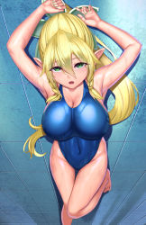 Rule 34 | 1girl, armpits, arms up, barefoot, blonde hair, blue one-piece swimsuit, blush, breasts, covered navel, female focus, green eyes, hair between eyes, highres, leafa, long hair, looking at viewer, miyashiro ryuutarou, one-piece swimsuit, open mouth, pointy ears, ponytail, school swimsuit, solo, swimsuit, sword art online, wet