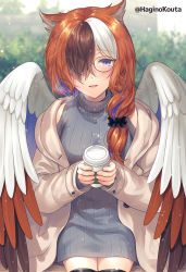 Rule 34 | 1girl, animal ears, black hair, black scrunchie, black thighhighs, blurry, blurry background, brown hair, brown jacket, brown wings, clothing cutout, coffee cup, commission, cup, depth of field, disposable cup, feathered wings, grey sweater, hagino kouta, hair ornament, hair over shoulder, hair scrunchie, holding, holding cup, jacket, long hair, multicolored hair, open clothes, open jacket, original, ribbed sweater, scrunchie, shoulder cutout, sitting, skeb commission, sleeves past wrists, solo, sweater, thighhighs, turtleneck, turtleneck sweater, twitter username, two-tone hair, white hair, white wings, wings