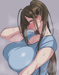 Rule 34 | 1girl, ahoge, arm up, blue shirt, blush, breasts, breath, brown hair, eryu kamemura, eyebrows hidden by hair, female focus, heavy breathing, high ponytail, highres, huge breasts, idolmaster, idolmaster shiny colors, kuwayama chiyuki, large breasts, long hair, looking at viewer, one side up, parted lips, shirt, simple background, solo, standing, steaming body, sweat, upper body, yellow eyes