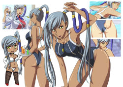 Rule 34 | 1girl, adjusting hair, angry, ass, bare shoulders, bent over, bikini, book, breasts, choker, code geass, dark skin, dark-skinned female, drink, elbow gloves, female focus, gloves, gym uniform, jacket, large breasts, long hair, one-piece swimsuit, open mouth, plate, ponytail, silver hair, solo, swimsuit, thighhighs, uniform, uzura (suzukane), villetta nu, water, whistle, white background, yellow eyes