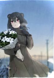 Rule 34 | 1girl, absinthe (arknights), absurdres, animal ears, arknights, bear ears, bear girl, black gloves, black hair, blurry, blurry background, bouquet, breath, cowboy shot, day, dot nose, dress, flower, gloves, grey dress, hair between eyes, highres, holding, holding bouquet, hugging object, long dress, long sleeves, looking ahead, medium hair, morning, outdoors, parted lips, power lines, red eyes, sasahara (shou goi), sidelocks, solo, utility pole, white flower