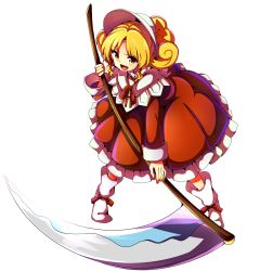 Rule 34 | &gt;:d, 1girl, :d, baba (baba seimaijo), blonde hair, blush, dress, elly (touhou), frilled dress, frills, full body, hat, highres, holding, holding weapon, long sleeves, looking at viewer, open mouth, red dress, scythe, smile, solo, standing, tachi-e, touhou, touhou (pc-98), transparent background, v-shaped eyebrows, weapon, yellow eyes