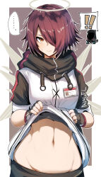 Rule 34 | !, !!, ..., 1girl, 1other, arknights, clothes lift, clothes writing, doctor (arknights), exusiai (arknights), gin moku, groin, halo, highres, id card, jacket, lifted by self, looking at viewer, midriff, navel, red eyes, red hair, shirt lift, short hair, short sleeves, spoken ellipsis, stomach, upper body, white jacket