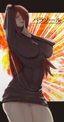 Rule 34 | 1girl, arm behind head, artist request, breasts, cowboy shot, cross, cross necklace, finger to mouth, green background, hair over one eye, highres, jewelry, large breasts, letterboxed, long hair, looking at viewer, looking down, necklace, orange background, parasoul (skullgirls), red hair, red lips, skirt, skullgirls, solo, sweater, turtleneck, turtleneck sweater, yellow background, yellow eyes