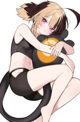 Rule 34 | 1girl, ahoge, bare arms, bare shoulders, barefoot, bike shorts, black shorts, black sports bra, breasts, brown hair, closed mouth, commentary, english commentary, feet, gigi murin, hip vent, hololive, hololive english, hoshi usagi, huge ahoge, hugging own tail, hugging tail, light blush, light brown hair, long tail, looking at viewer, lying, midriff, multicolored hair, navel, on side, pink eyes, shorts, simple background, small breasts, smile, solo, sports bra, tail, two-tone hair, virtual youtuber, white background