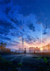 Rule 34 | 1girl, bicycle, highres, mocha (cotton), parking lot, scenery, sky, solo, sunrise