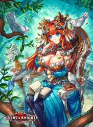 Rule 34 | 1girl, bare shoulders, bird, blue dress, blue eyes, blue pantyhose, branch, breasts, chair, closed mouth, day, detached sleeves, dove, dress, hand up, jewelry, large breasts, leaf, long hair, minerva knights, necklace, orange hair, outdoors, pantyhose, sa-dui, sitting, solo