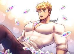 Rule 34 | 1boy, bara, between pectorals, blonde hair, blush, brown pants, bulge, casual, cleavage cutout, clothing cutout, gameplay mechanics, granblue fantasy, green eyes, highres, looking down, pectoral cleavage, male focus, muscular, muscular male, oneirio, pants, pectorals, shirt, short hair, sleeves rolled up, solo, spread legs, v-neck, vane (granblue fantasy), white shirt