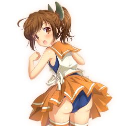Rule 34 | 10s, 1girl, ass, blush, brown eyes, brown hair, cowboy shot, from behind, highres, i-401 (kancolle), kantai collection, ki (kk-sk-ray), looking at viewer, one-piece swimsuit, open mouth, ponytail, sailor collar, school swimsuit, short hair, skirt, solo, swimsuit, swimsuit under clothes, thighhighs, white background