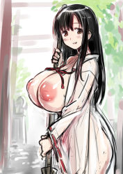 Rule 34 | 1girl, 774 (nanashi), black hair, blush, breasts, breasts out, broom, brown eyes, female focus, functionally nude, huge breasts, inverted nipples, iwato kasumi, japanese clothes, large areolae, large breasts, long hair, looking at viewer, miko, nipples, nontraditional miko, outdoors, puffy areolae, puffy nipples, revealing clothes, saki (manga), see-through, shrine, sketch, smile, solo, torii, transparent, yellow eyes