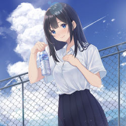 Rule 34 | 1girl, absurdres, bad id, bad pixiv id, black hair, black skirt, blue hair, blue sky, blush, bottle, breast pocket, chain-link fence, closed mouth, cloud, collared shirt, contrail, cowboy shot, day, dress shirt, fence, graffy boring, hand on own chest, highres, holding, holding bottle, huge filesize, lens flare, long hair, looking at viewer, medium skirt, original, outdoors, pleated skirt, pocket, shirt, short sleeves, skirt, sky, smile, solo, straight hair, tareme, water bottle, white shirt, wing collar
