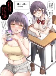 Rule 34 | 1girl, book, bow, bowtie, breasts, chair, colored skin, drawing, glasses, highres, ikura nagisa, large breasts, long hair, mole, navel, open mouth, original, pencil, photo (object), purple hair, school uniform, shorts, simple background, smile, table, teeth, translation request, upper teeth only, white background, white skin, yandere, yellow eyes