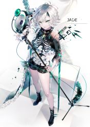 Rule 34 | 1girl, absurdres, boots, flower, green eyes, highres, holding, holding microphone, long sleeves, looking at viewer, microphone, music, open mouth, original, rooseputo 02, short hair, short shorts, shorts, silver hair, singing, skeleton, standing, swept bangs
