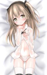 Rule 34 | 1girl, bed sheet, black bow, black bowtie, black ribbon, blush, boko (girls und panzer), bow, bowtie, bra, brown eyes, closed mouth, collared shirt, commentary, cowboy shot, dress shirt, from above, girls und panzer, gluteal fold, hair ribbon, head tilt, highres, langley1000, light brown hair, light frown, long hair, long sleeves, looking at viewer, loose bowtie, lying, md5 mismatch, no pants, on back, on bed, one side up, open clothes, open shirt, panties, parted lips, resolution mismatch, revision, ribbon, shimada arisu, shirt, solo, source larger, striped clothes, striped thighhighs, stuffed animal, stuffed toy, teddy bear, thighhighs, underwear, white bra, white panties, white shirt
