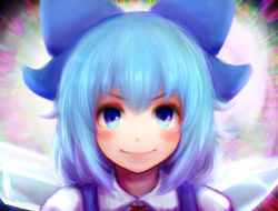 Rule 34 | 1girl, benikurage (cookie), blue bow, blue eyes, blue hair, blush, bow, cirno, collared shirt, commentary request, cookie (touhou), hair between eyes, hair bow, ice, ice wings, khn (kihana), looking at viewer, neck ribbon, portrait, red ribbon, ribbon, shirt, short hair, smile, solo, touhou, white shirt, wings