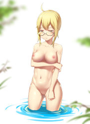 Rule 34 | 1girl, :t, absurdres, ahoge, artist request, artoria pendragon (all), artoria pendragon (fate), bad id, bad pixiv id, blonde hair, blurry, blurry background, blush, breasts, character request, check character, collarbone, commentary, fate/grand order, fate (series), glasses, hair between eyes, highres, in water, looking at viewer, medium breasts, mysterious heroine x alter (fate), navel, nipples, nude, pussy, saber (fate), short hair, sidelocks, solo, standing, uncensored, wading, yellow eyes
