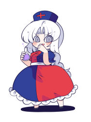 Rule 34 | 1girl, black footwear, blue dress, blue hat, blush, chahan (fried rice0614), chibi, collared dress, cross, dress, flask, frilled dress, frills, full body, grey eyes, hands up, hat, highres, holding, holding flask, long hair, looking at viewer, nurse cap, petticoat, puffy short sleeves, puffy sleeves, red cross, red dress, sash, shadow, short sleeves, simple background, smile, solo, standing, touhou, two-tone dress, white background, white hair, white sash, yagokoro eirin