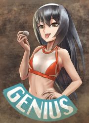 Rule 34 | 10s, 1girl, :p, abazu-red, bikini, bikini top only, commentary request, english text, girls und panzer, hand on own hip, headband, holding, long hair, looking at viewer, navel, open mouth, orange bikini, reizei mako, solo, standing, swimsuit, tongue, tongue out, upper body, white headband