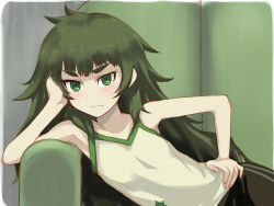 Rule 34 | 1girl, :|, armpit peek, black pants, blush, camisole, closed mouth, collarbone, commentary request, couch, flat chest, green eyes, green hair, green trim, hand on own hip, hand on own head, highres, hiyajou maho, indoors, long hair, looking at viewer, menomorute, messy hair, on couch, pants, reclining, sketch, solo, steins;gate, steins;gate 0, sweatpants, thick eyebrows, v-shaped eyebrows, very long hair, white camisole
