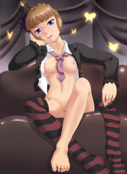 Rule 34 | 1girl, barefoot, beatrice (umineko), blonde hair, blue eyes, bottomless, breasts, bug, butterfly, feet, female focus, insect, nail polish, nipples, pink nails, purple nails, pussy, solo, striped legwear, tagme, toes, umineko no naku koro ni, unbuttoned, unbuttoned shirt