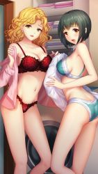 Rule 34 | 2girls, aqua bra, aqua panties, black hair, blush, bra, breasts, brown eyes, cleavage, collarbone, curly hair, doukyuusei, doukyuusei another world, dress shirt, earrings, game cg, groin, holding, holding clothes, holding shirt, indoors, jewelry, large breasts, long hair, looking at viewer, multiple girls, navel, official art, open clothes, open mouth, open shirt, panties, pink shirt, red bra, red lips, red panties, saitou ako, saitou mako, shirt, short hair, siblings, sideboob, sisters, underwear, underwear only, undressing, washing machine, white shirt, yellow eyes