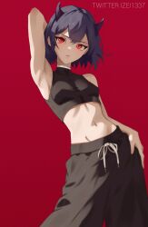 Rule 34 | 1girl, absurdres, alternate costume, arm up, armpits, black clover, black hair, black pants, cropped shirt, highres, horns, izei1337, looking at viewer, navel, pants, red eyes, secre swallowtail, shirt, short hair, sleeveless, sleeveless shirt, solo, stomach