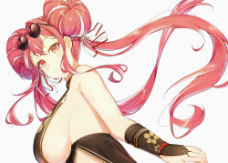 1girl, azur lane, bangs, bare shoulders, breasts, bremerton (azur lane), bremerton (kung fu cruiser) (azur lane), china dress, chinese clothes, double bun, dress, eyebrows behind hair, eyewear on head, floating hair, from side, hair behind ear, highres, large breasts, looking at viewer, mole, mole under eye, pink eyes, pink hair, shoulders, sideboob, smile, solo, sunglasses, twintails, tyobis., upper body