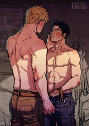 Rule 34 | 2boys, abs, arm hair, bad id, bad tumblr id, bara, black hair, blonde hair, blush, chest hair, couple, cris art, denim, earrings, eye contact, feet out of frame, from side, green male underwear, hand on another&#039;s cheek, hand on another&#039;s face, height difference, hulkling, indoors, jeans, jewelry, leather belt, looking at another, male focus, male underwear, male underwear peek, marvel, multiple boys, muscular, muscular male, navel, navel hair, nipples, pants, short hair, sideburns, stomach, toned, toned male, topless male, underwear, undressing another, wiccan, yaoi