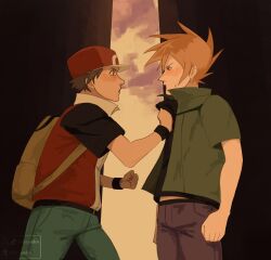 2boys baseball_cap blue_oak creatures_(company) feyandco game_freak hat highres jacket male_focus multiple_boys nintendo non-web_source pants pokemon pokemon_origins red_(pokemon) self-upload short_hair source_request spiked_hair tagme