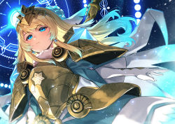 Rule 34 | 1girl, armor, armored dress, blonde hair, blue dress, blue eyes, blue flower, blue hair, blush, breastplate, closed mouth, commentary request, dress, duplicate, earrings, elbow gloves, fire emblem, fire emblem heroes, fjorm (fire emblem), floating hair, flower, fur collar, fur trim, gloves, gradient hair, hair flower, hair ornament, highres, holding, holding weapon, jewelry, long hair, looking away, multicolored hair, nakabayashi zun, nintendo, pixel-perfect duplicate, shoulder armor, sidelocks, signature, solo, tiara, two-tone hair, weapon, white gloves, wide sleeves