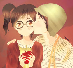 Rule 34 | 1boy, 1girl, animification, apple, blush, brown eyes, brown hair, chilindrina, closed eyes, couple, el chavo, el chavo del 8, food, freckles, fruit, glasses, hat, hetero, highres, kiss, kissing cheek, short hair, short twintails, signature, thais, twintails