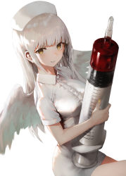 Rule 34 | 1girl, angel, angel wings, backlighting, blush, breasts, collared dress, collared shirt, dress, feathered wings, grin, halo, haori io, hat, highres, holding, holding syringe, large breasts, long hair, looking at viewer, nail polish, nurse, nurse cap, original, oversized object, shirt, sidelocks, simple background, smile, solo, syringe, white background, white dress, white hair, wings, yellow eyes, yellow nails