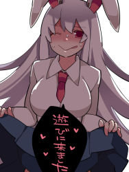 Rule 34 | 1girl, animal ears, breasts, clothes lift, commentary request, dress shirt, hammer (sunset beach), heart, large breasts, lifted by self, light purple hair, necktie, one eye closed, rabbit ears, red eyes, reisen udongein inaba, shirt, skirt, skirt lift, smile, solo, tongue, tongue out, touhou, translation request