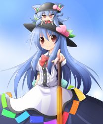 Rule 34 | 1girl, :3, animal ears, bad id, bad pixiv id, blue hair, dress, female focus, food, fruit, gradient background, hat, highres, hinanawi tenshi, long hair, mini person, minigirl, on head, peach, person on head, pic2 toshi, solo, sword, sword of hisou, tail, touhou, weapon
