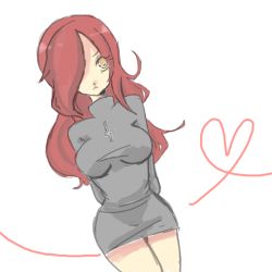 Rule 34 | 1girl, :&lt;, arms behind back, bad id, bad pixiv id, bare legs, breasts, cross, dutch angle, hair over one eye, heart, heart of string, large breasts, long hair, lowres, parasoul (skullgirls), red hair, ritsu neko, skirt, skullgirls, solo, sweater, yellow eyes