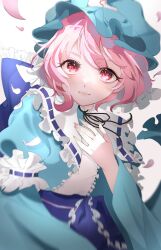 Rule 34 | 1girl, blue hat, blue kimono, blush, closed mouth, commentary, expressionless, frilled shirt collar, frills, hand on own chest, hand up, hat, highres, japanese clothes, kimono, lips, long sleeves, looking at viewer, mob cap, obi, pink eyes, pink hair, saigyouji yuyuko, sash, short hair, simple background, sleeve garter, solo, sui (s13783), touhou, triangular headpiece, upper body, white background, wide sleeves