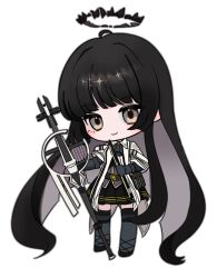 Rule 34 | 1girl, absurdly long hair, ahoge, arknights, ascot, belt, belt buckle, belt pouch, black belt, black bustier, black footwear, black hair, black halo, black pouch, black skirt, blunt bangs, blush, bow (music), broken halo, buckle, bustier, buttons, cello, chibi, closed mouth, collared jacket, colored inner hair, commentary, dark halo, dress shirt, full body, gloves, grey ascot, grey eyes, grey gloves, grey hair, grey outline, grey shirt, grey thighhighs, halo, hands up, head tilt, highres, hime cut, holding, holding bow (music), holding instrument, holding violin, instrument, invisible floor, jacket, layered sleeves, long hair, long sleeves, looking at viewer, miniskirt, multicolored hair, myam (ne0524), outline, pale skin, pleated skirt, pouch, shirt, shoe strap, shoes, short over long sleeves, short-sleeved jacket, short sleeves, sidelocks, simple background, skirt, smile, solo, sparkle, standing, thighhighs, two-tone hair, very big eyes, very long hair, violin, virtuosa (arknights), white background, white belt, white jacket, wide sleeves, wing collar, zettai ryouiki