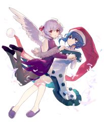 Rule 34 | 2girls, :o, absurdres, ahoge, ainy, ass, back cutout, backless outfit, black dress, black footwear, blue eyes, blue hair, blush, breasts, clothing cutout, collarbone, doremy sweet, dress, feathered wings, feathers, full body, grey legwear, hair between eyes, hat, highres, holding hands, jumping, kishin sagume, light particles, long sleeves, looking at viewer, looking back, medium breasts, multicolored clothes, multicolored dress, multiple girls, off shoulder, pantyhose, parted lips, purple dress, purple footwear, red eyes, red hat, santa hat, shoes, short hair, silver hair, single wing, slippers, smile, thighs, touhou, transparent background, turtleneck, turtleneck dress, white dress, white wings, wings