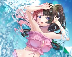 Rule 34 | 1girl, absurdres, armpits, bikini, black hair, blue eyes, breasts, cleavage, cloud, collarbone, cross-laced bikini, cross-laced clothes, day, dutch angle, ear piercing, earrings, frilled bikini, frills, highres, jewelry, large breasts, long hair, looking at viewer, multicolored hair, navel, ocean, open mouth, outdoors, piercing, pink bikini, pink hair, ponytail, side-tie bikini bottom, sky, smile, solo, splashing, split-color hair, strapless, strapless bikini, streaked hair, swept bangs, swimsuit, tachibana hinano (vtuber), two-tone hair, unyon bbunco, virtual youtuber, vspo!, water, wavy hair
