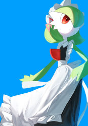 Rule 34 | apron, black dress, blue background, closed mouth, clothed pokemon, commentary, creatures (company), dress, flipped hair, frills, from below, frown, game freak, gardevoir, gen 3 pokemon, green hair, highres, horezai, maid headdress, nintendo, outstretched arm, pink ribbon, pokemon, red eyes, ribbon, simple background, sleeveless, sleeveless dress, waist apron, white apron