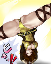 Rule 34 | 1girl, arms up, bad id, bad pixiv id, bdsm, belt, bondage, bound, breasts, brown eyes, brown hair, center opening, cleavage, crotch, female focus, handstand, large breasts, legs, leotard, nene, nene (sengoku musou), nix (ak-style), open mouth, sengoku musou, sengoku musou 2, sengoku musou 3, short hair, solo, split, suspension, thick thighs, thighs, upside-down