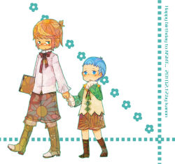 Rule 34 | 2boys, blonde hair, blue eyes, blue hair, blush, book, boots, bow, bowtie, brown bow, brown bowtie, brown footwear, brown shorts, closed mouth, commentary request, dated, frilled sleeves, frills, frown, full body, glasses, green eyes, green shirt, happy birthday, holding, holding book, holding hands, hubert ozwell, kanon (rsl), looking at viewer, male focus, multiple boys, pince-nez, rectangular eyewear, richard (tales), shirt, short bangs, short hair, shorts, tales of (series), tales of graces, walking, white background, white shirt