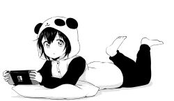 Rule 34 | 1girl, 9so (ponchon), animal costume, barefoot, buttons, feet, female focus, funami yui, greyscale, highres, looking at viewer, lying, monochrome, nintendo, nintendo switch, open mouth, pajamas, panda costume, parted lips, simple background, solo, toes, white background, yuru yuri