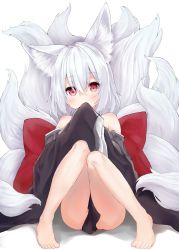 Rule 34 | 1girl, animal ear fluff, animal ears, barefoot, black skirt, covered mouth, fox ears, fox girl, grey hair, hair between eyes, hand up, highres, kitsune, knees together feet apart, knees up, kyuubi, long sleeves, looking at viewer, multiple tails, original, red eyes, sakuma hiragi, simple background, sitting, skirt, sleeves past fingers, sleeves past wrists, solo, tail, white background, wide sleeves