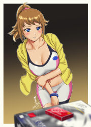Rule 34 | 1girl, arm under breasts, bike shorts, black background, blue eyes, blurry, blurry foreground, blush, bracelet, breasts, brown hair, cleavage, collarbone, commentary request, condom box, cowboy shot, dated, gradient background, gundam, gundam build fighters, gundam build fighters try, gunpla, hand on own arm, highres, hood, hooded jacket, hoshino fumina, jacket, jewelry, kijinaka mahiro, large breasts, leaning to the side, looking at object, medium hair, midriff, model kit, navel, okamoto condoms, open clothes, open jacket, outline, parted lips, partial commentary, ponytail, scrunchie, shorts, sidelocks, signature, simple background, solo, sports bra, standing, sweat, thigh gap, two-tone sports bra, white shorts, white sports bra, yellow background, yellow jacket