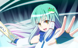 Rule 34 | 1girl, female focus, fingerless gloves, frog hair ornament, gloves, gradient hair, green hair, h-new, hair ornament, hair tubes, kochiya sanae, multicolored hair, open mouth, outstretched arms, pink hair, snake, solo, touhou, translation request, upper body, yellow eyes