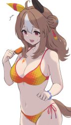 Rule 34 | 1girl, ahoge, alternate costume, animal ears, bare shoulders, bikini, blush, bracelet, breasts, brown hair, cleavage, collarbone, copano rickey (umamusume), double bun, ear covers, enumiyaa, fang, food, food on body, food on breasts, from side, hair bun, highres, holding, holding food, holding ice cream, horse ears, horse girl, horse tail, ice cream, jewelry, large breasts, long hair, midriff, multicolored hair, navel, open mouth, red bikini, red eyes, simple background, skin fang, solo, swimsuit, tail, two-tone bikini, two-tone hair, umamusume, white background, white hair, yellow bikini